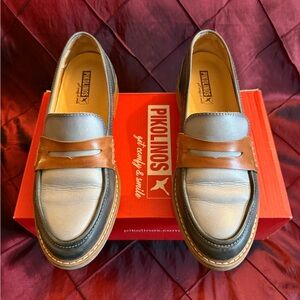 SOLD PIKOLINOS Aldaya Penny Loafer in Two-Tone Blue & Brown Leather 39 EU/8.5 US